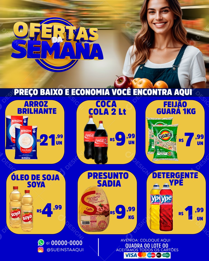 Encarte Ofertas da Semana Arroz Brilhante Coca Cola Feijão Guará Óleo de Soja Soya Social Media PSD Editável