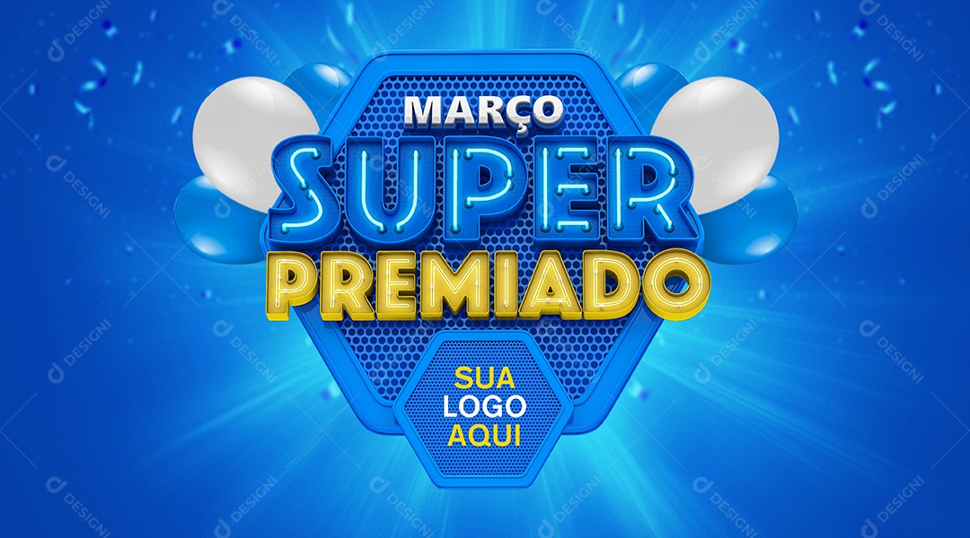 Março Super Premiado Selo 3D Azul Branco e Amarelo para Composição PSD