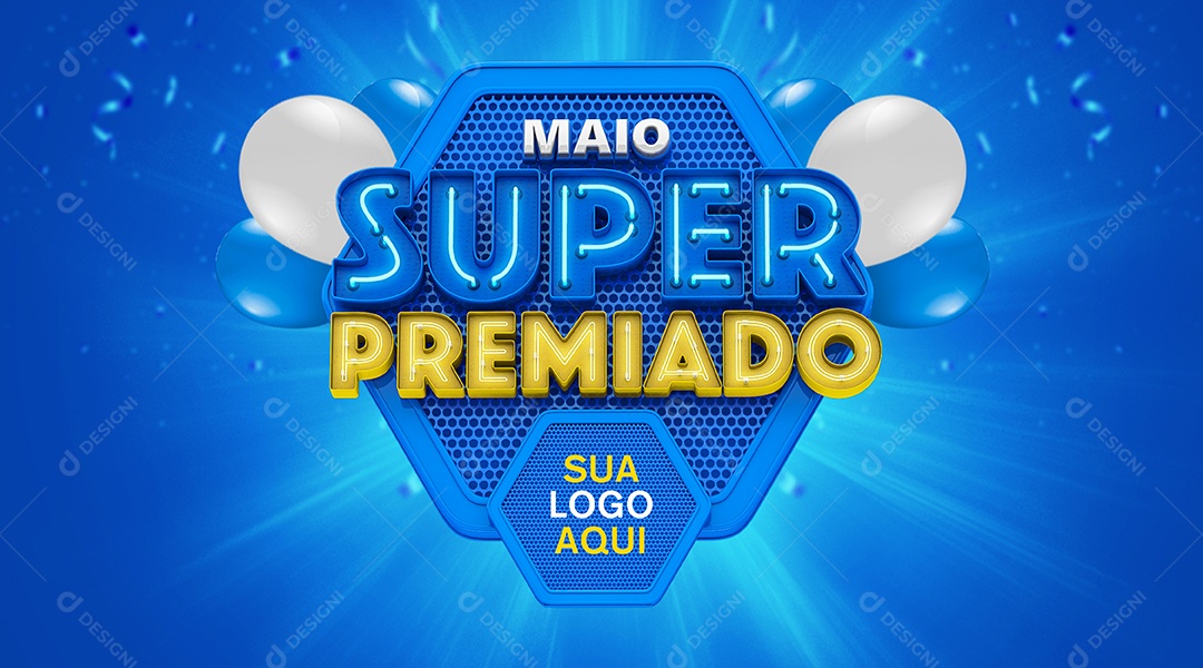 Maio Super Premiado Selo 3D Azul Branco e Amarelo para Composição PSD