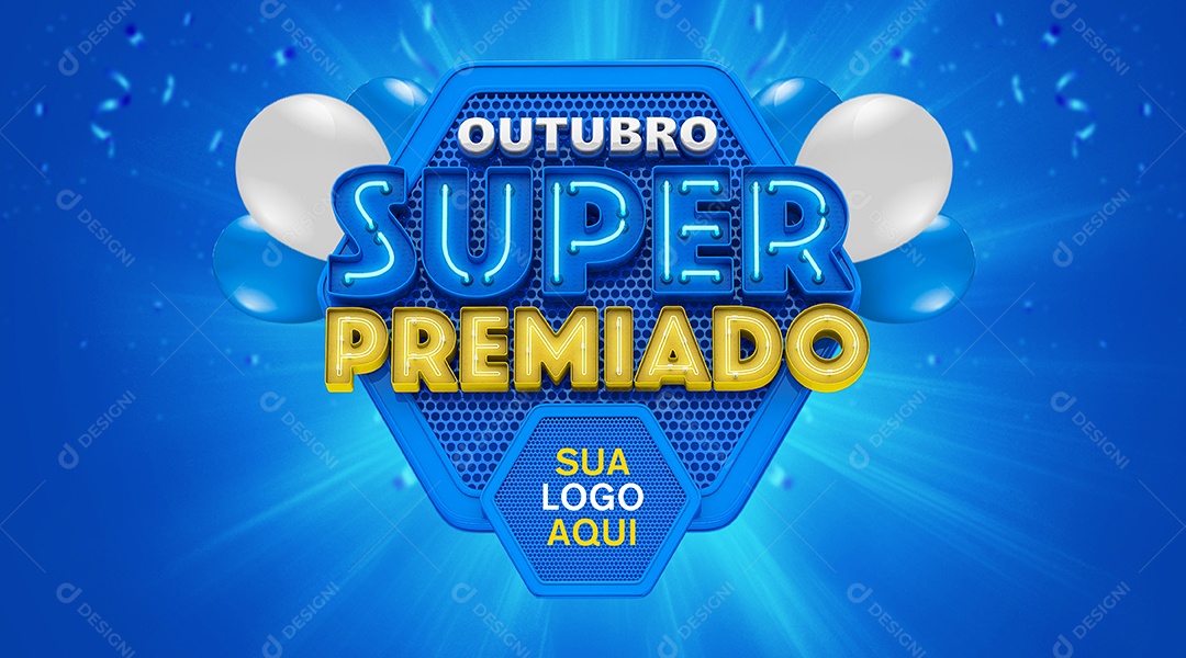 Outubro Super Premiado Selo 3D Azul Branco e Amarelo para Composição PSD