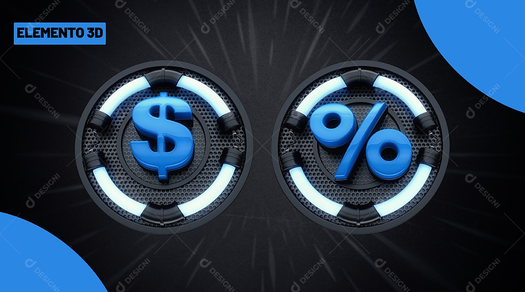 Cifrão e Porcentagem Símbolos de Black Friday Elemento 3D Azul e Preto para Composição PSD