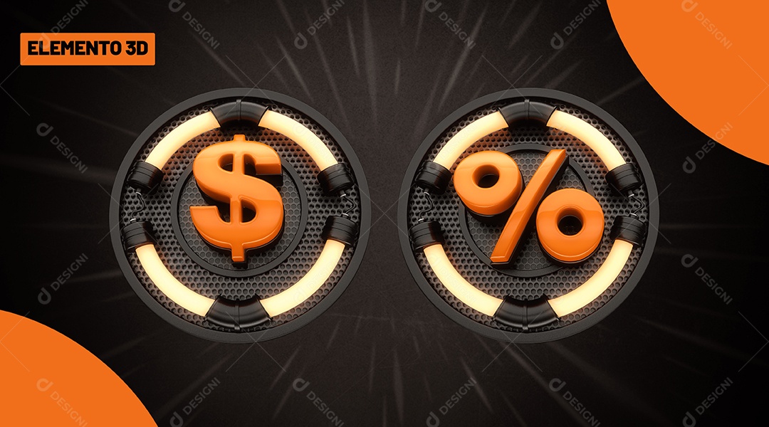 Dollar Sign and Percentage Black Friday Symbols Orange and Black 3D Element for PSD Composition