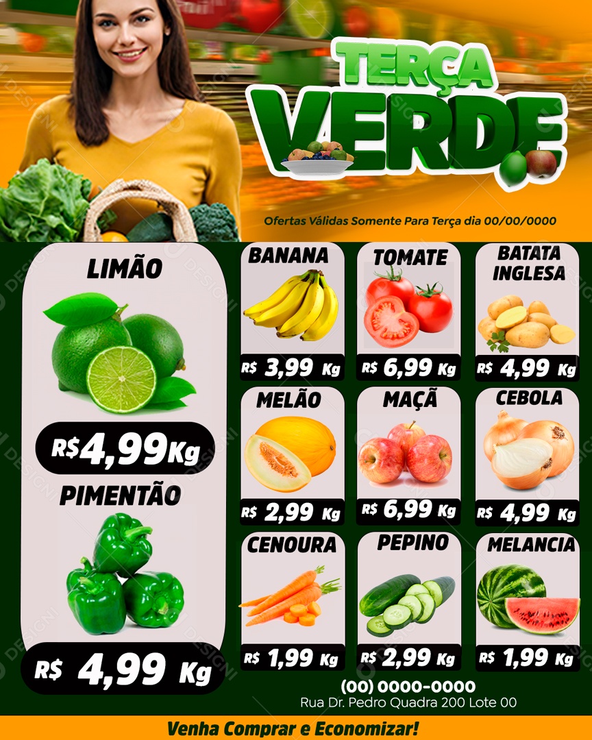 Terça Verde Limão Banana Tomate Batata Inglesa Melão Maça Cebola Social Media  PSD Editável