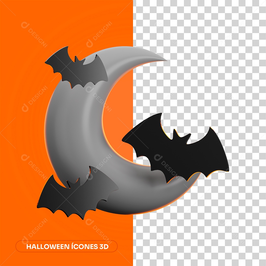Lua e Morcegos de Halloween Elemento 3D para Composição PNG Transparente