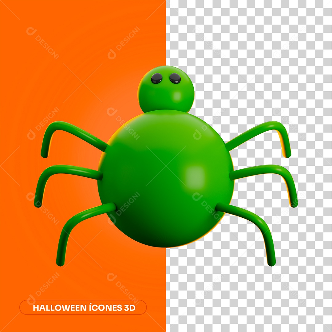 Aranha Verde de Halloween Elemento 3D para Composição PNG Transparente
