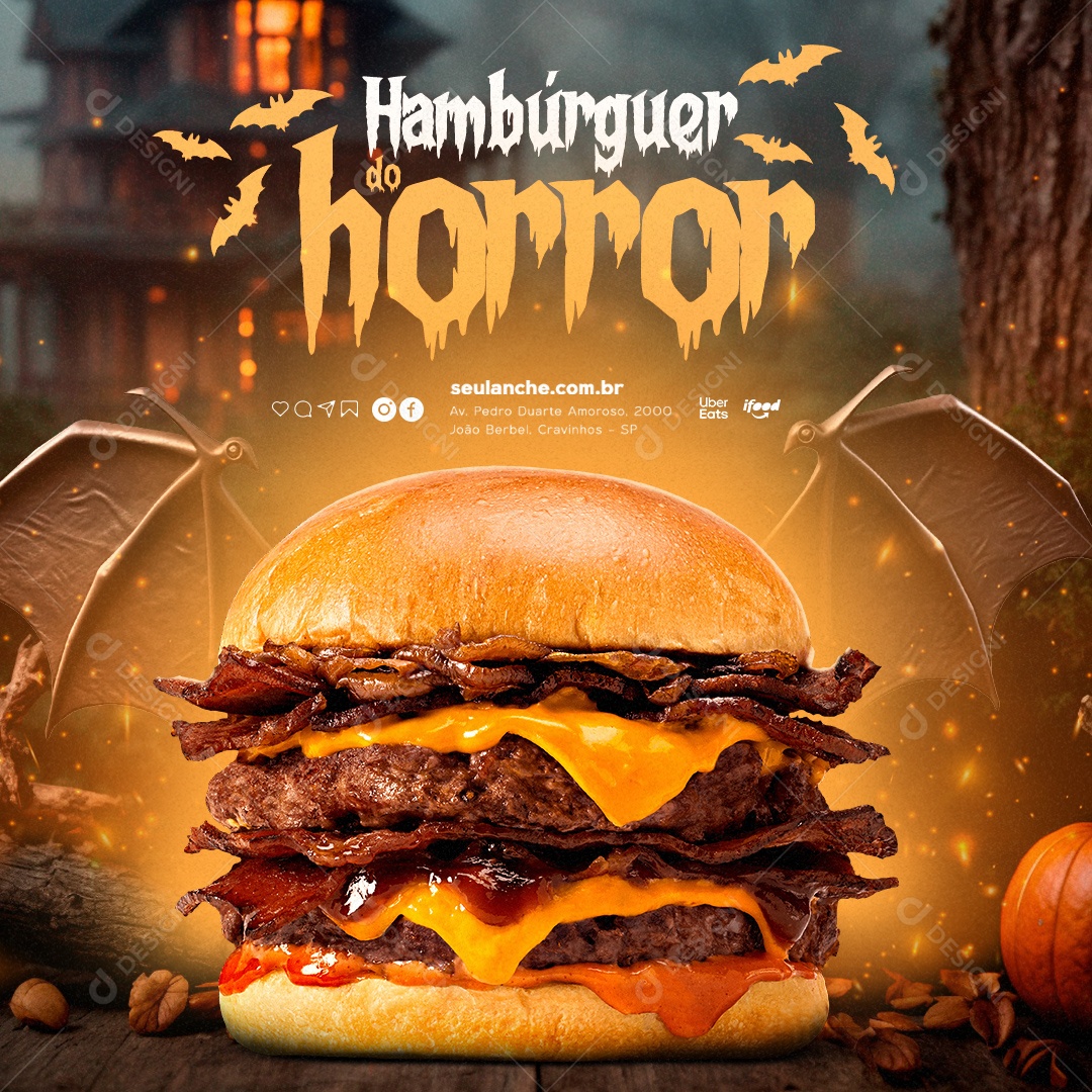 Social Media Halloween Hamburgueria Hambúrguer do Horror PSD Editável