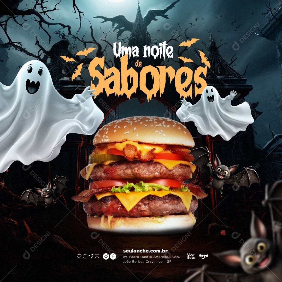Halloween Hamburgueria Uma Noite de Sabores Burguer Fantasma Social Media PSD Editável