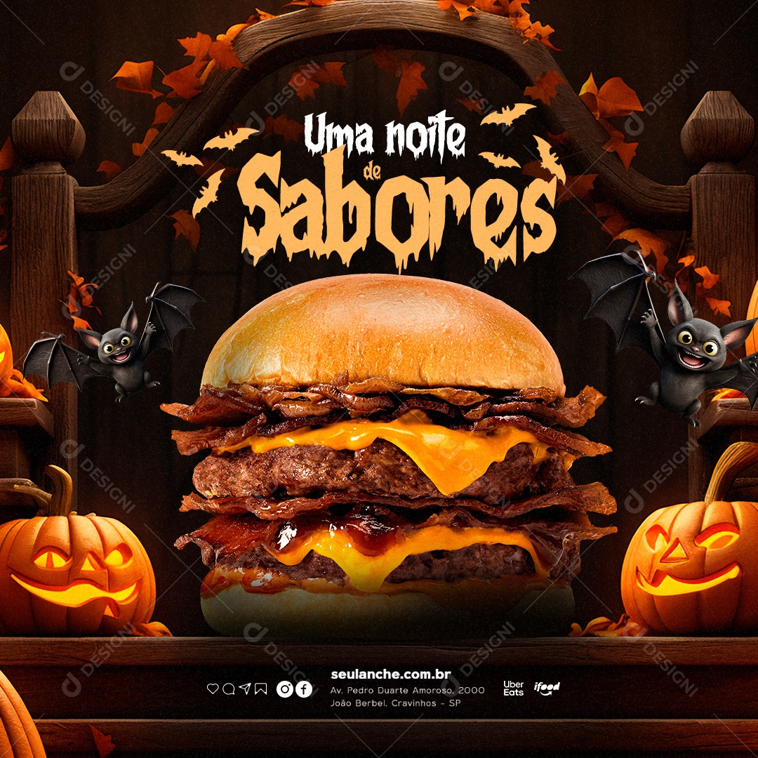 Halloween Hamburgueria Uma Noite de Sabores Social Media PSD Editável