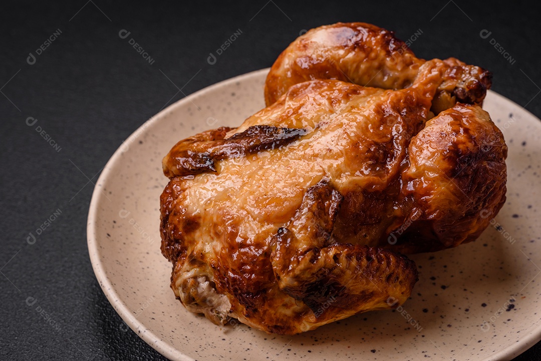 Frango assado inteiro delicioso e crocante com legumes, sal e especiarias sobre um fundo escuro de concreto