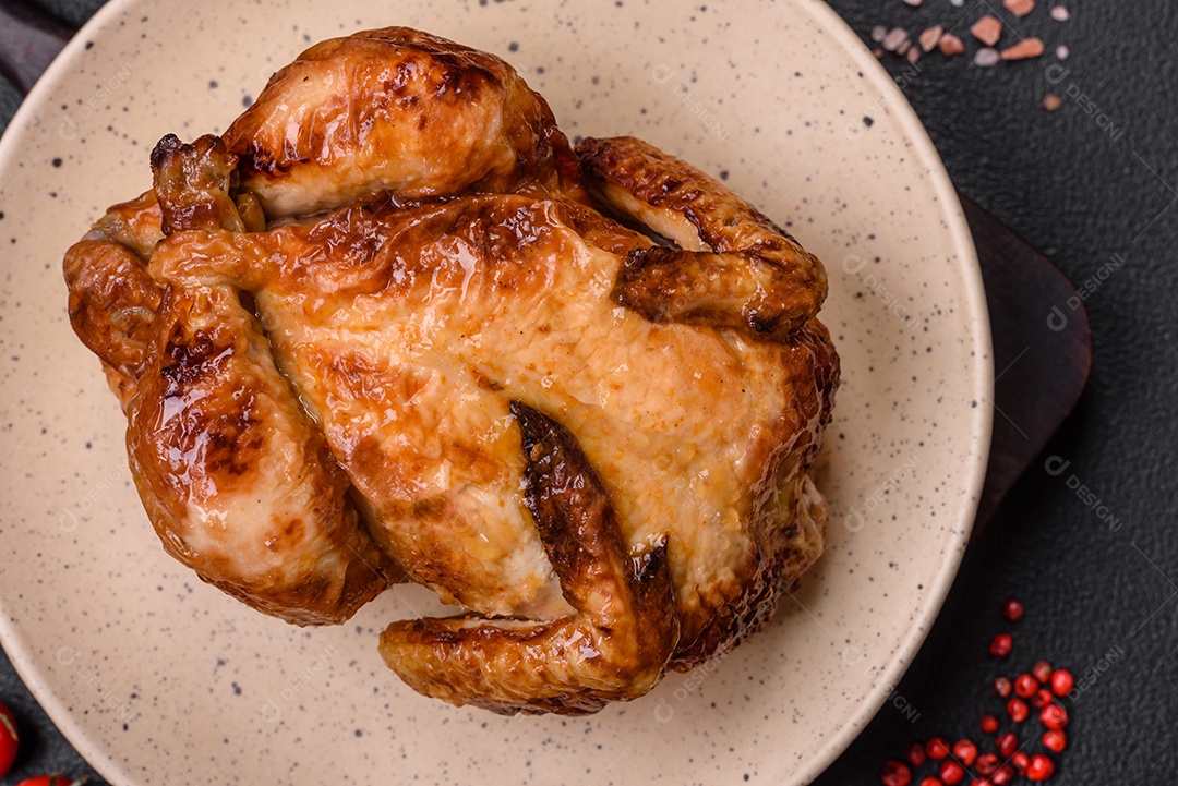 Frango assado inteiro delicioso e crocante com legumes, sal e especiarias sobre um fundo escuro de concreto