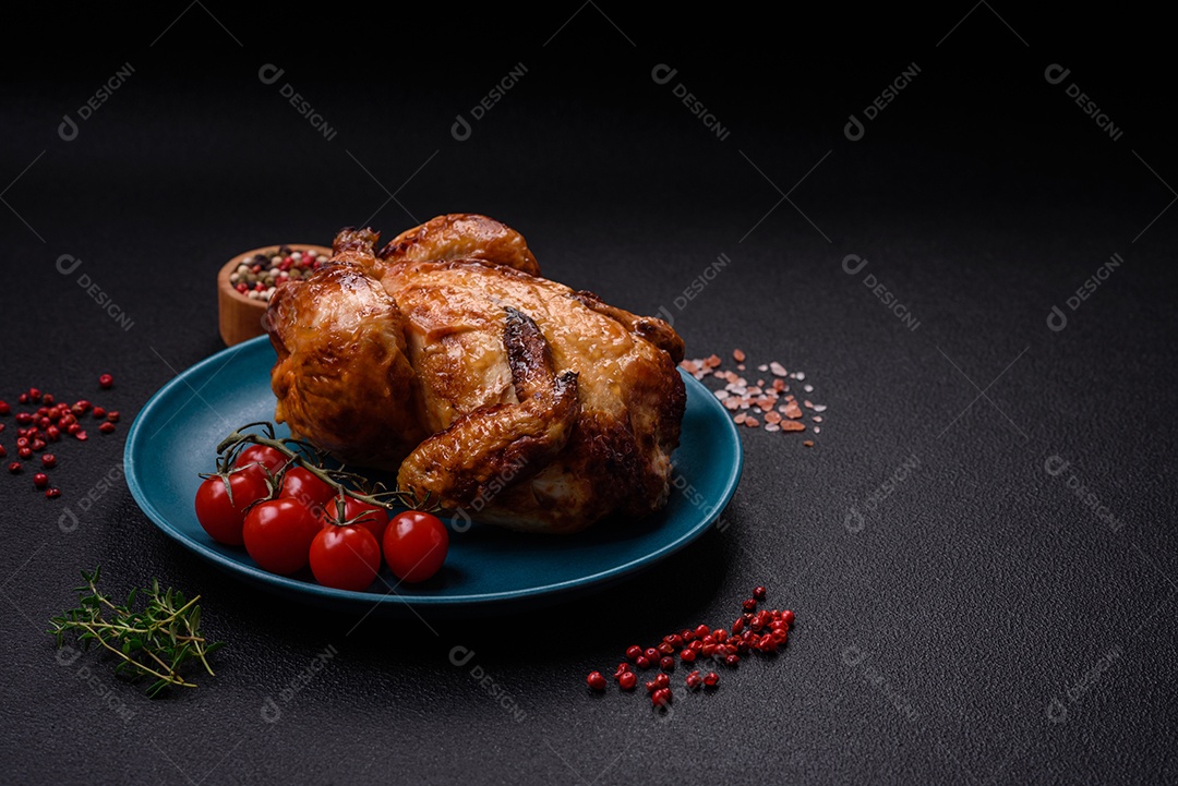 Frango assado inteiro delicioso e crocante com legumes, sal e especiarias sobre um fundo escuro de concreto