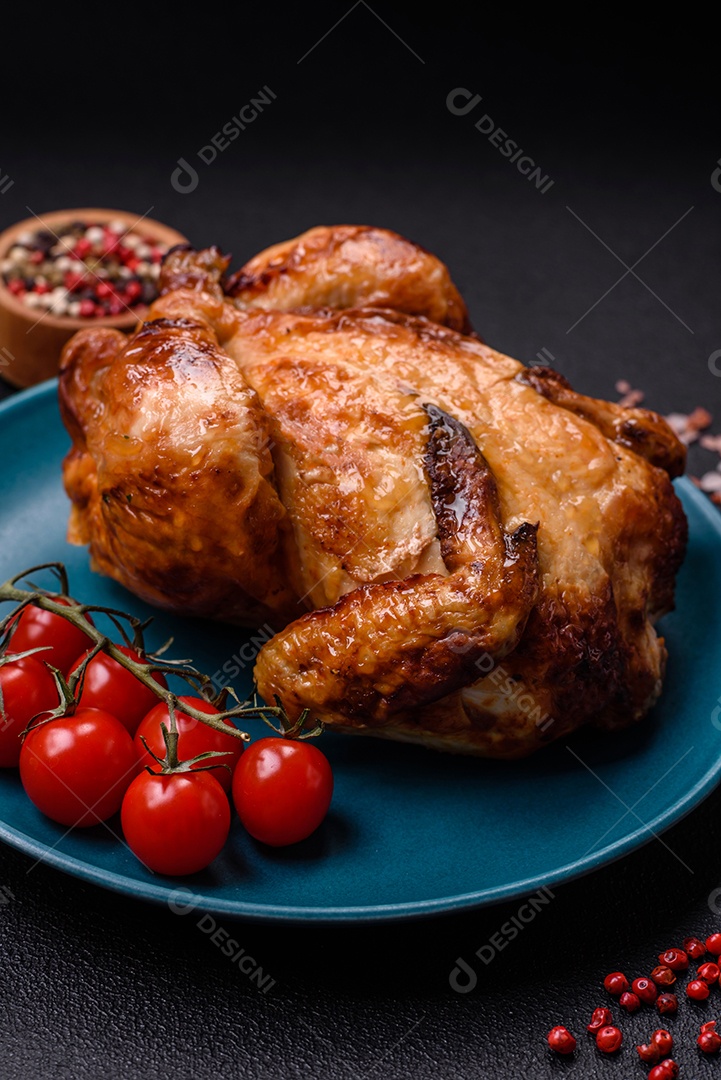 Frango assado inteiro delicioso e crocante com legumes, sal e especiarias sobre um fundo escuro de concreto