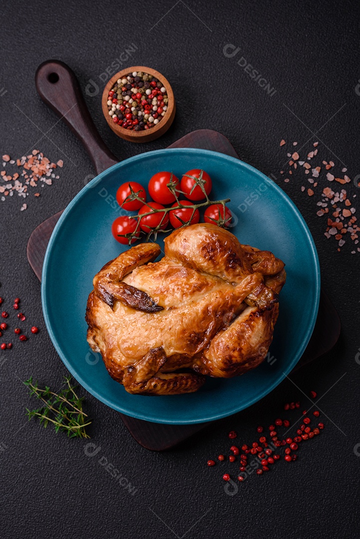 Frango assado inteiro delicioso e crocante com legumes, sal e especiarias sobre um fundo escuro de concreto