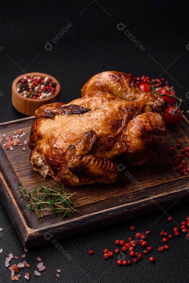 Frango assado inteiro delicioso e crocante com legumes, sal e especiarias sobre um fundo escuro de concreto