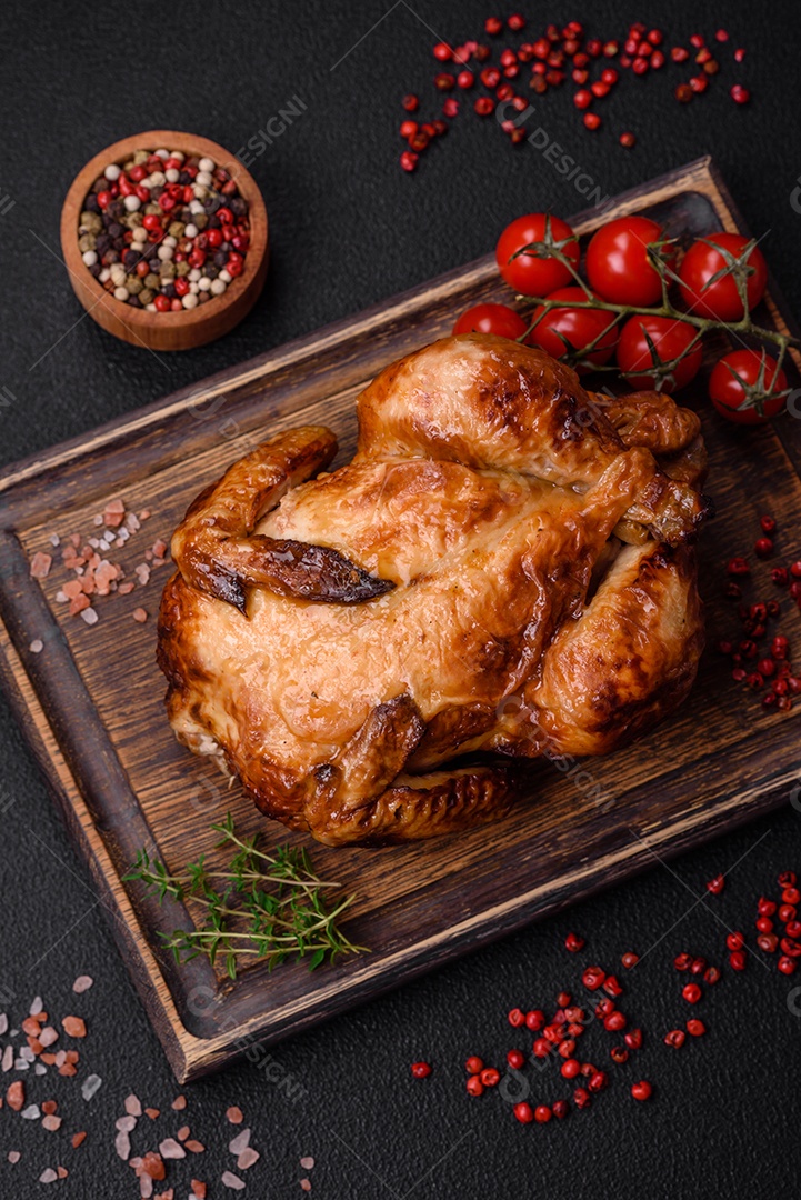 Frango assado inteiro delicioso e crocante com legumes, sal e especiarias sobre um fundo escuro de concreto