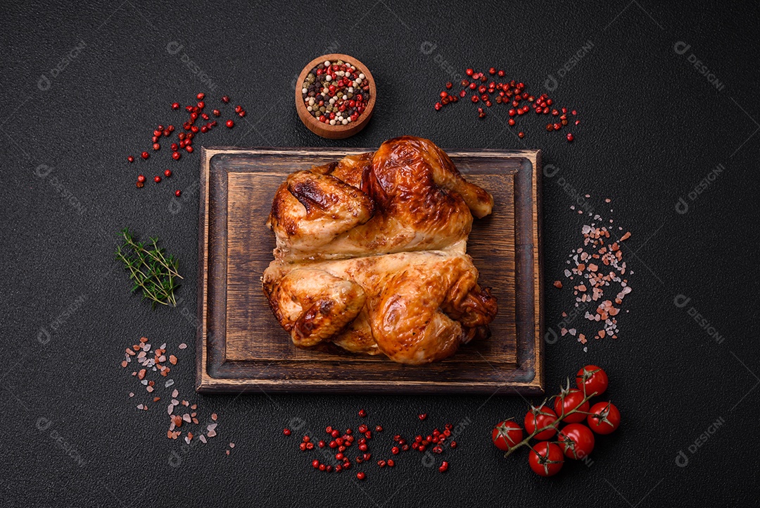 Frango assado inteiro delicioso e crocante com legumes, sal e especiarias sobre um fundo escuro de concreto