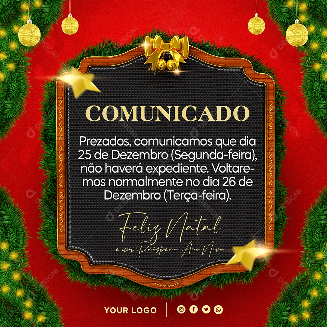 Social Media Comunicado Feliz Natal Próspero Ano Novo PSD Editável