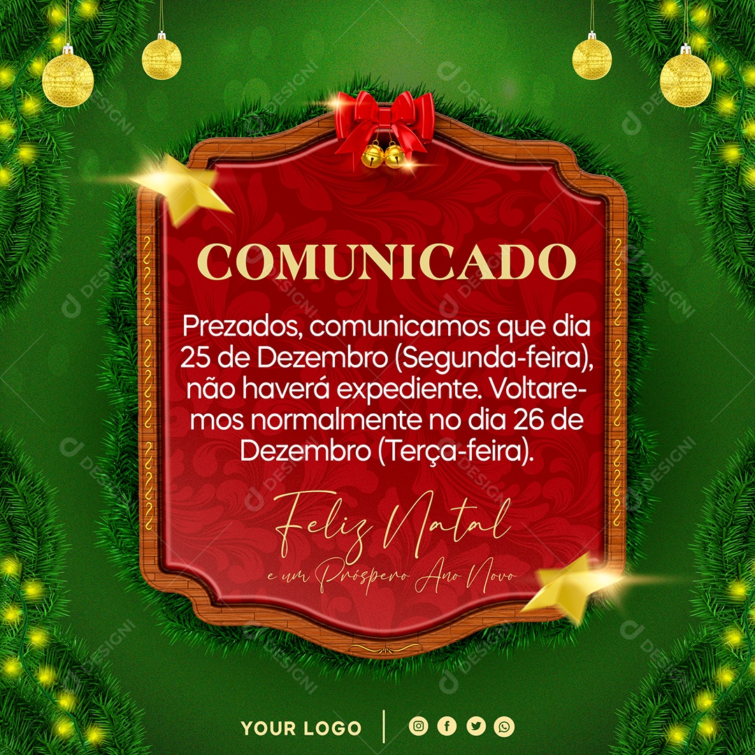 Social Media Comunicado Feliz Natal Próspero Ano Novo PSD Editável