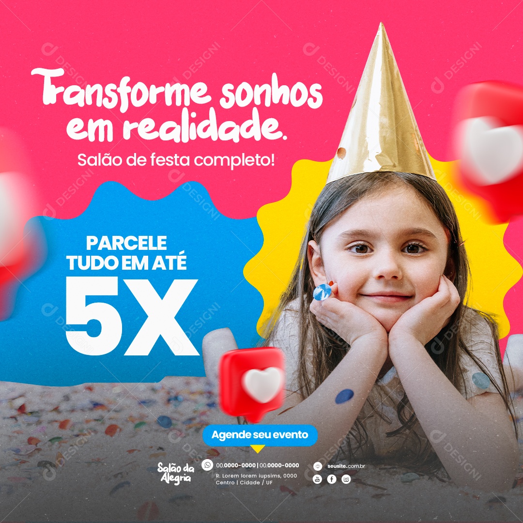 Festa Infantil Transforme Sonhos em Realidade Salão de Festa Completo Social Media PSD Editável
