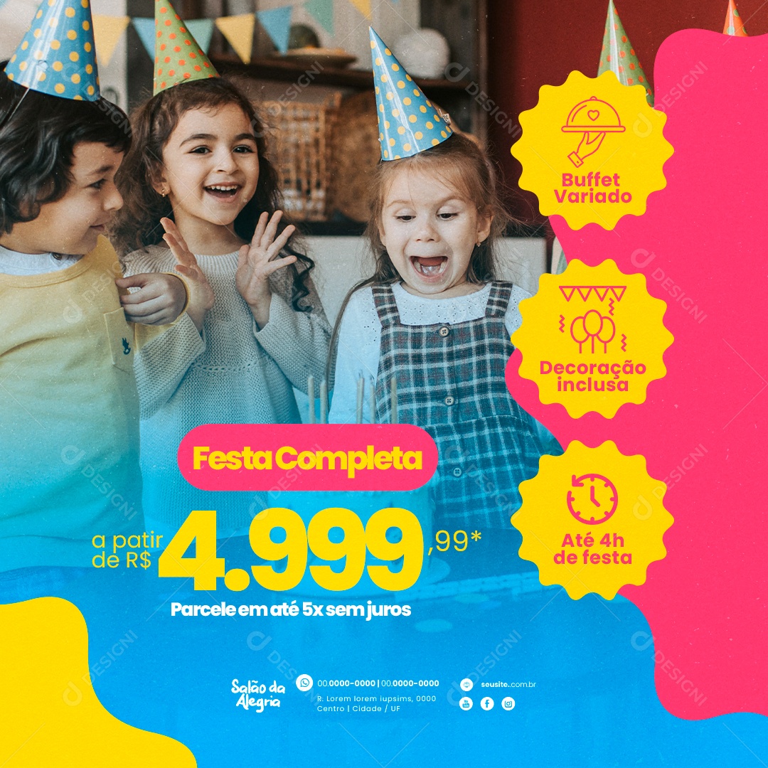 Festa Infantil Festa Completa Buffet Variado Decoração Inclusa Social Media PSD Editável