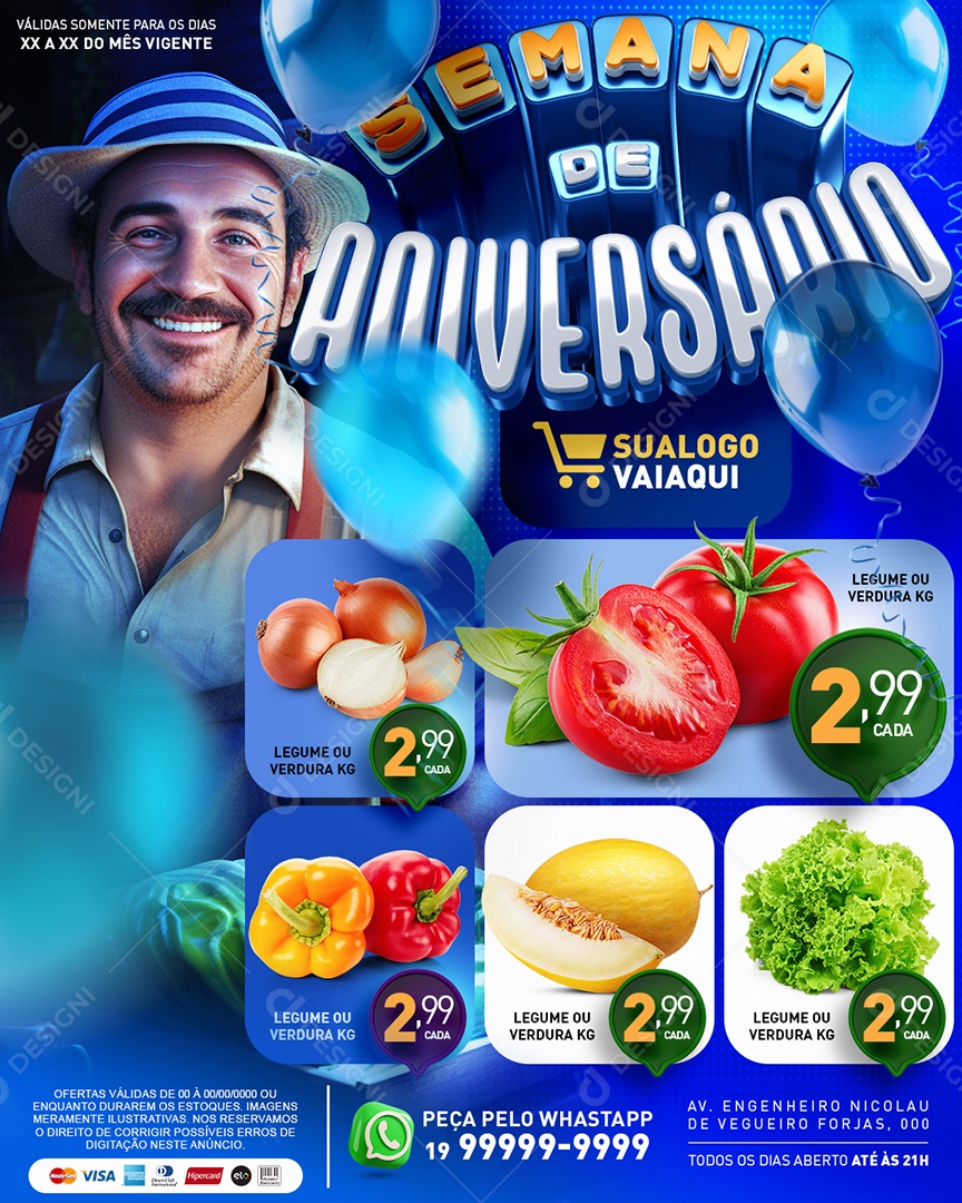Tabloide Semana De Aniversário Hortifruti Cebola Tomate Pimentão e Melão Social Media PSD Editável