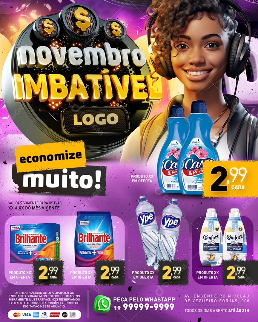 Tabloide Novembro Imbatível Supermercado Amaciante Caixa de Sabão em Pó Detergente Social Media PSD Editável