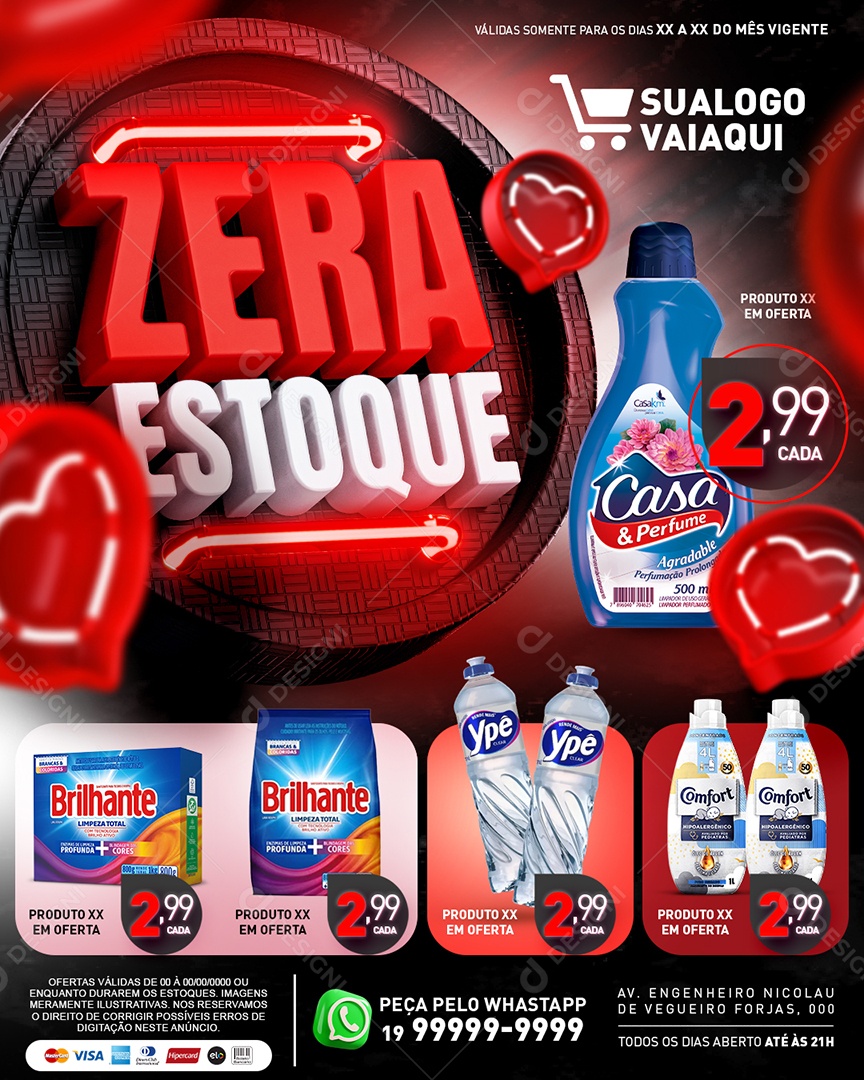 Tabloide Zera Estoque Supermercado Amaciante Caixa de Sabão em Pó Detergente Social Media PSD Editável