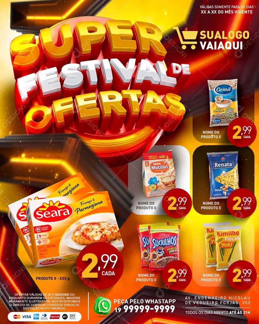 Tabloide Super Festival De Ofertas Supermercado Frango à Parmegiana Sucrilhos Flocão Yoki Social Media PSD Editável