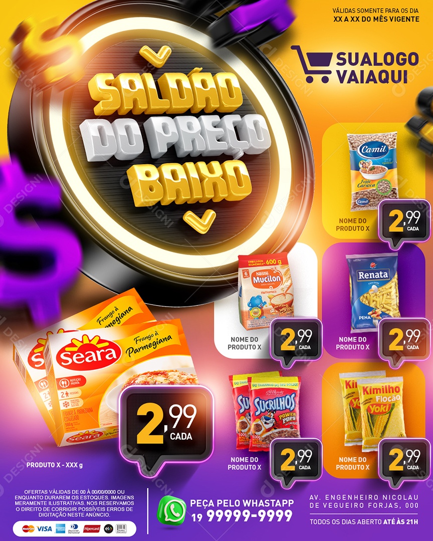 Tabloide Saldão Do Preço Baixo Supermercado Frango à Parmegiana Sucrilhos Flocão Yoki Social Media PSD Editável