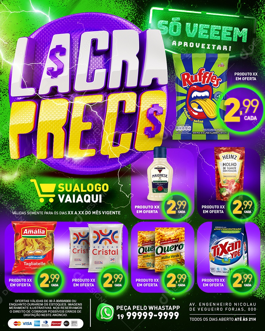 Tabloide Lacra Preços Supermercado Maionese Açúcar Cristal Sabão em Pó Supermercado Social Media PSD Editável