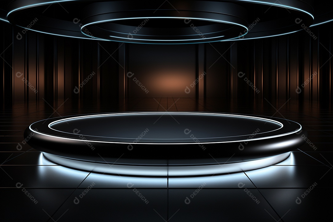 Pódio redondo com luz branca e fundo preto para simulação de imagem realista, ultra hd
