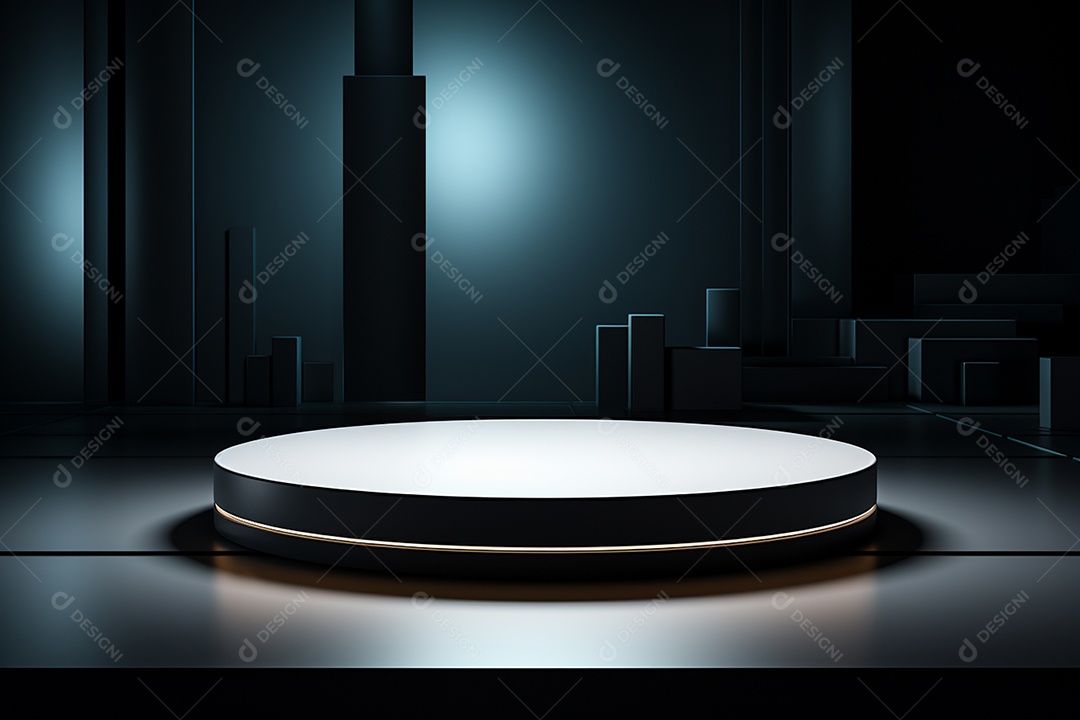 Pódio redondo com luz branca e fundo preto para simulação de imagem realista, ultra hd