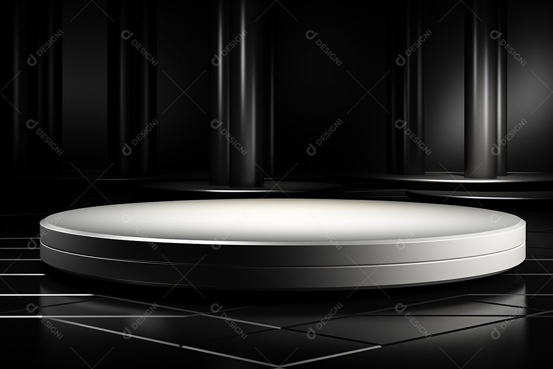 Pódio redondo com luz branca e fundo preto para simulação de imagem realista, ultra hd