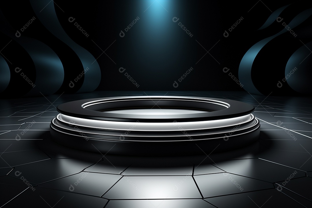 Pódio redondo com luz branca e fundo preto para simulação de imagem realista, ultra hd