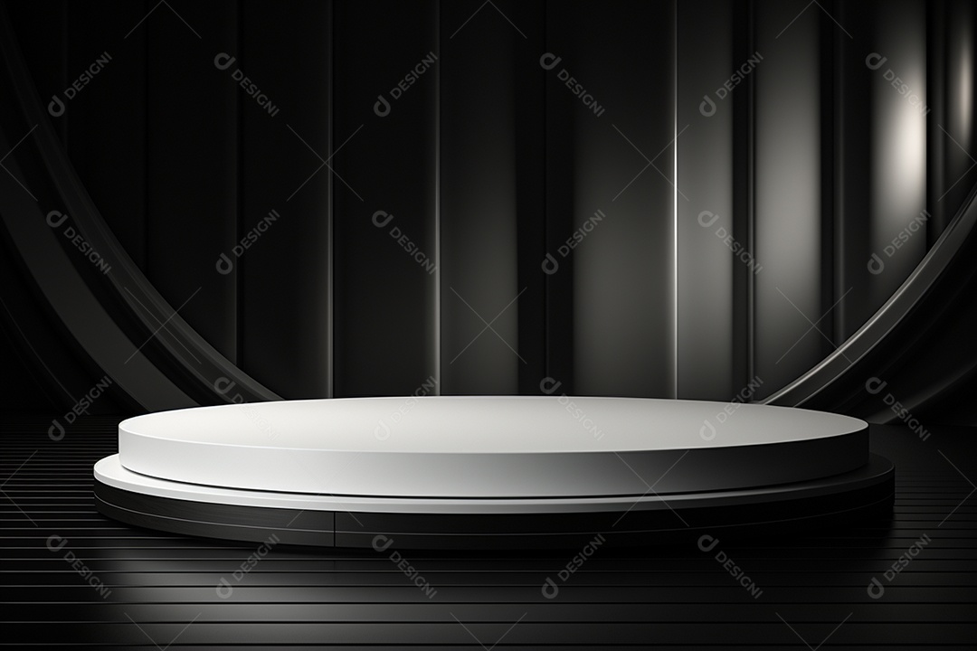 Pódio redondo com luz branca e fundo preto para simulação de imagem realista, ultra hd
