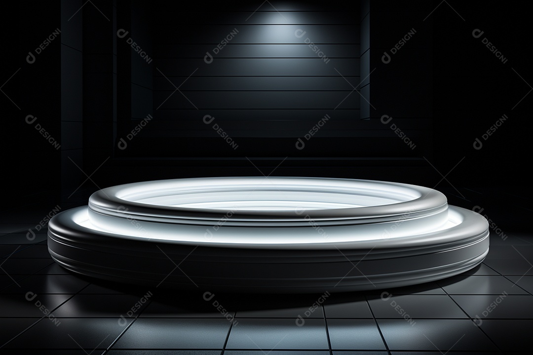 Pódio redondo com luz branca e fundo preto para simulação de imagem realista, ultra hd