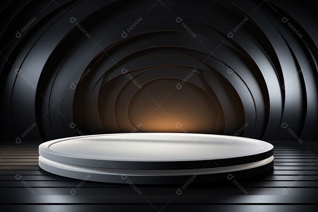 Pódio redondo com luz branca e fundo preto para simulação de imagem realista, ultra hd