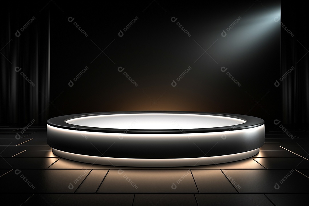 Pódio redondo com luz branca e fundo preto para simulação de imagem realista, ultra hd