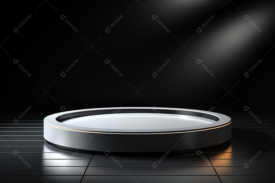Pódio redondo com luz branca e fundo preto para simulação de imagem realista, ultra hd