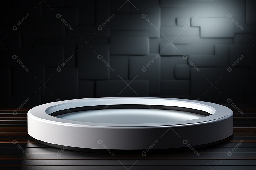 Pódio redondo com luz branca e fundo preto para simulação de imagem realista, ultra hd