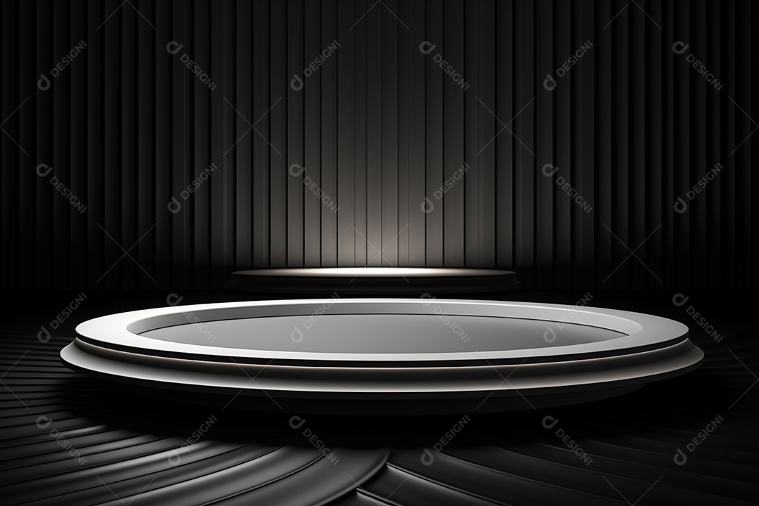 Pódio redondo com luz branca e fundo preto para simulação de imagem realista, ultra hd