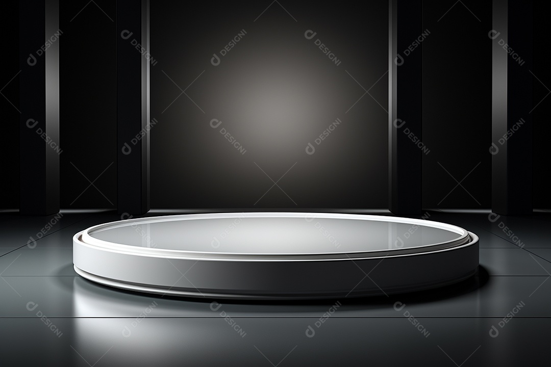 Pódio redondo com luz branca e fundo preto para simulação de imagem realista, ultra hd