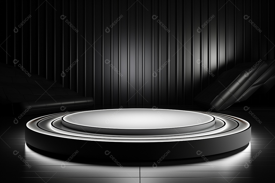 Pódio redondo com luz branca e fundo preto para simulação de imagem realista, ultra hd