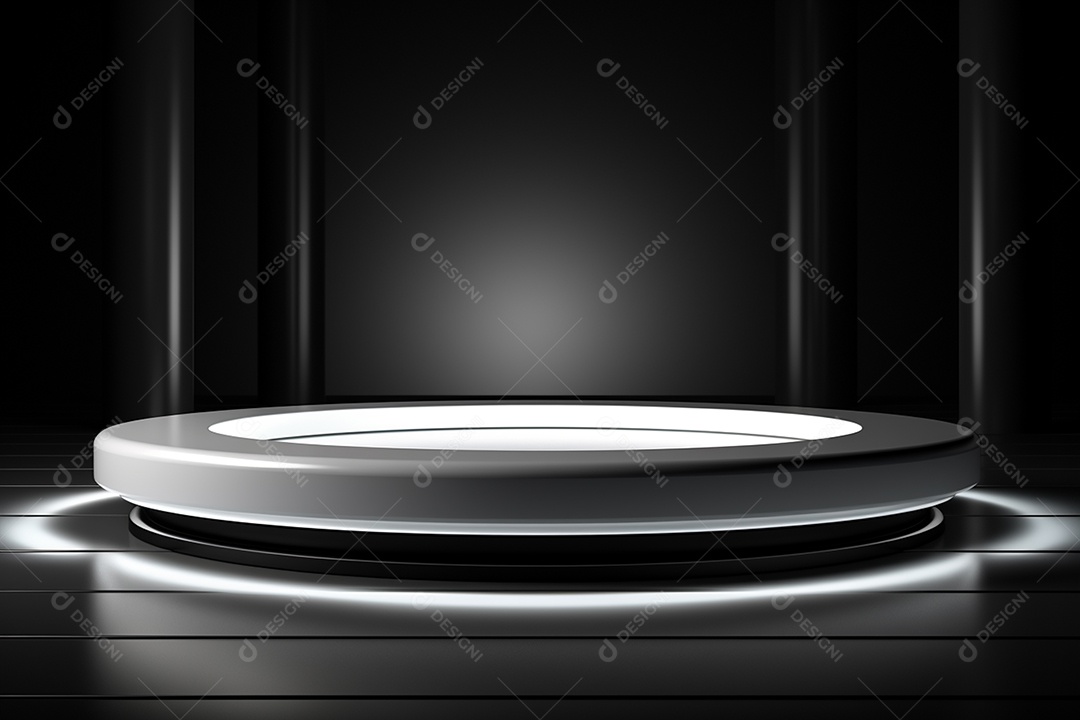 Pódio redondo com luz branca e fundo preto para simulação de imagem realista, ultra hd