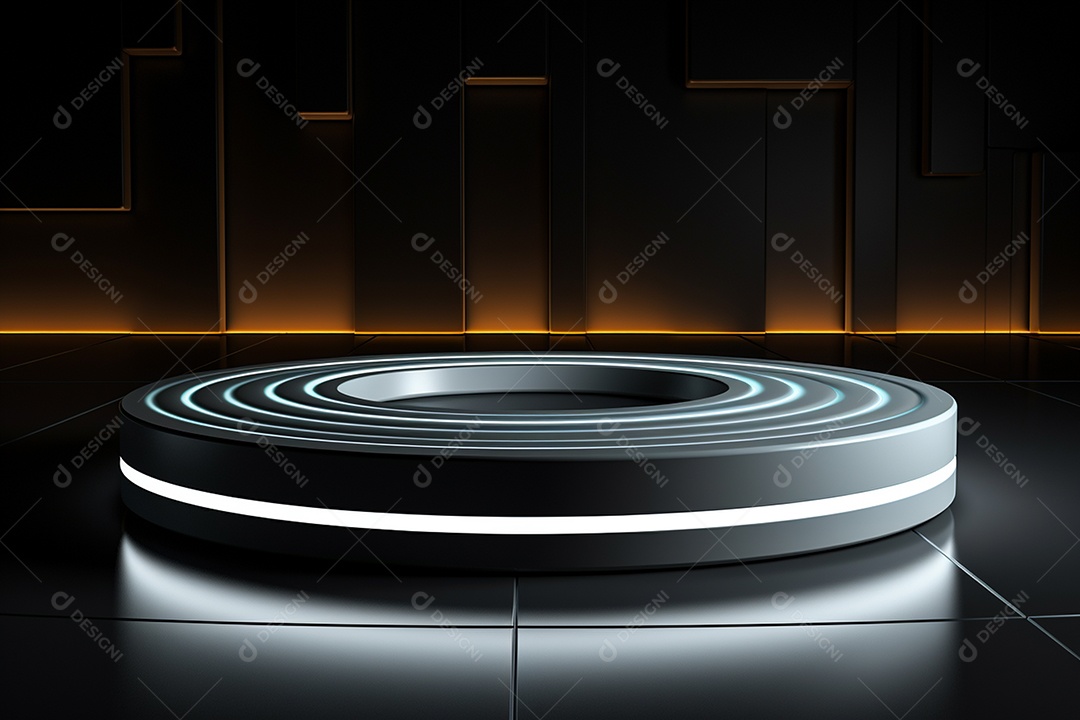 Pódio redondo com luz branca e fundo preto para simulação de imagem realista, ultra hd