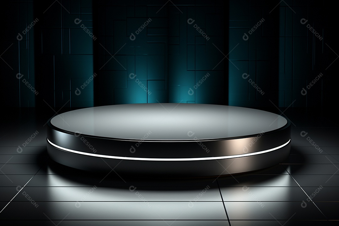 Pódio redondo com luz branca e fundo preto para simulação de imagem realista, ultra hd