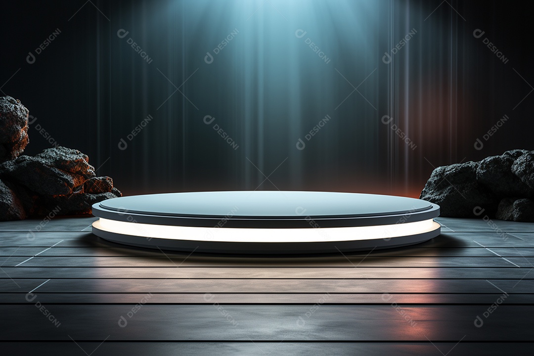 Pódio redondo com luz branca e fundo preto para simulação de imagem realista, ultra hd