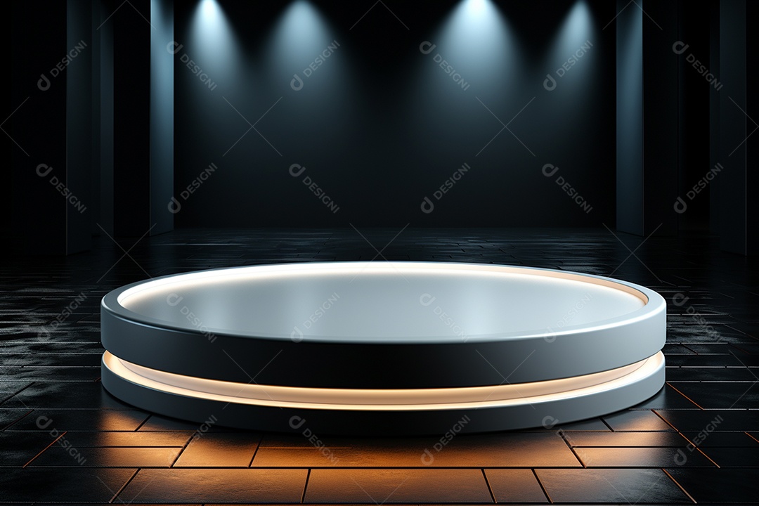 Pódio redondo com luz branca e fundo preto para simulação de imagem realista, ultra hd