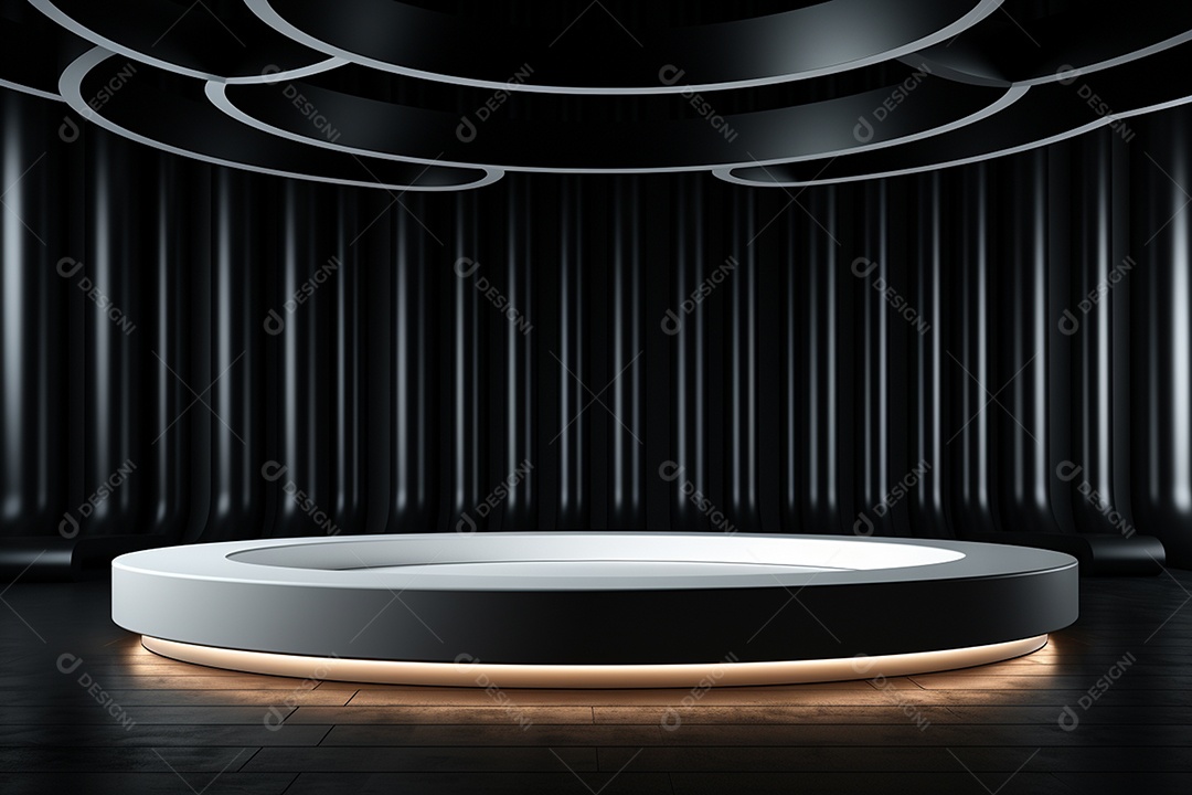 Pódio redondo com luz branca e fundo preto para simulação de imagem realista, ultra hd