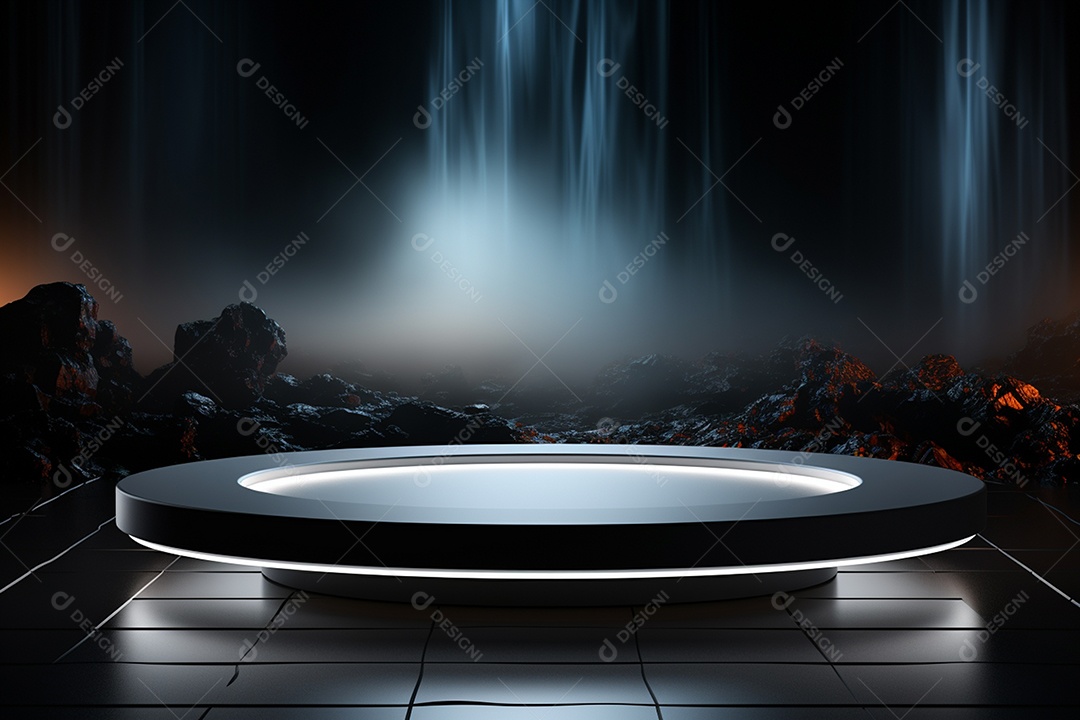 Pódio redondo com luz branca e fundo preto para simulação de imagem realista, ultra hd